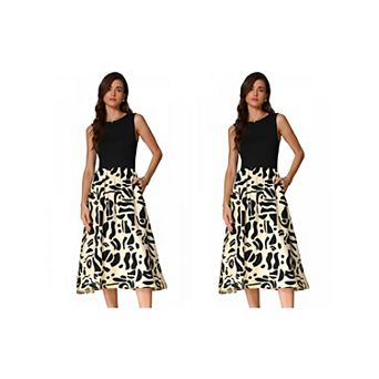 2 Packs Summer Sleeveless Dress for Women's Pattern Splicing Round Neck Midi Dress