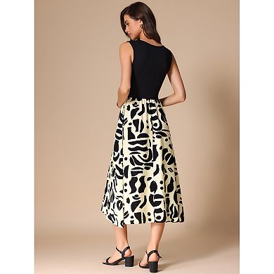 2 Packs Summer Sleeveless Dress for Women's Pattern Splicing Round Neck Midi Dress
