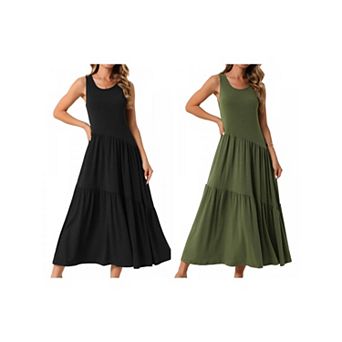 2 Packs Women's Summer Dresses Crewneck Sundress Aline Flowy Tiered Maxi Long Beach Dress
