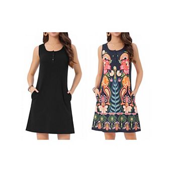 2 Packs Women's Summer Dresses Loose Scoop Neck Sleeveless Sundresses with Pockets t Shirt Dress