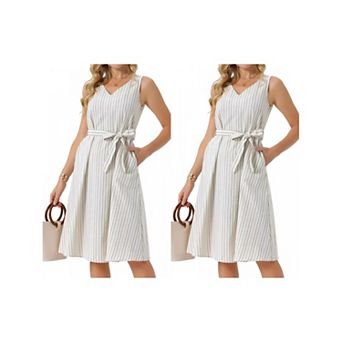 2 Packs Women's Sleeveless Linen Dresses V Neck Tie Waist A Line Summer Dress with Pockets