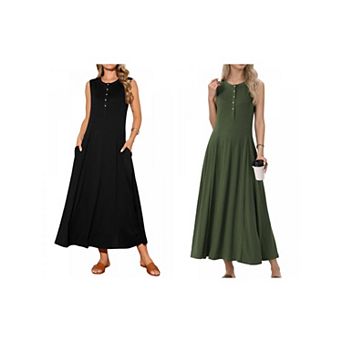 2 Packs Women's Sleeveless Dresses Button Fit Flare A-Line Flowy Casual Long Dresses Summer Outfits