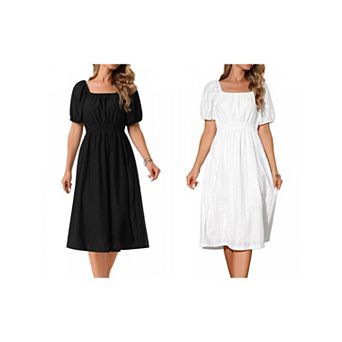 2 Packs Women's Eyelet Dresses Square Neck Short Puffy Sleeve Casual A Line Summer Midi Dress