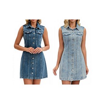 2 Packs Women's Denim Dress Sleeveless Country Summer Collared Button Down Short Jean Dresses