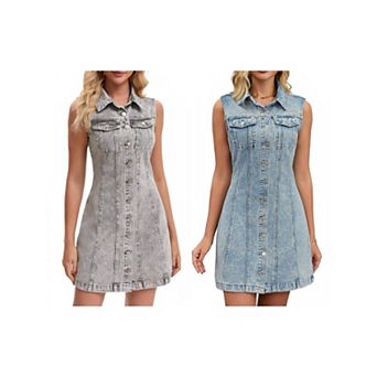 2 Packs Women's Denim Dress Sleeveless Country Summer Collared Button Down Short Jean Dresses