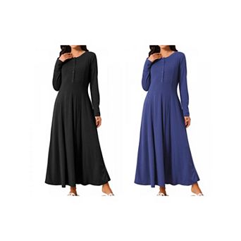 2 Packs Women's Fall Long Dresses Button Fit Long Sleeve Flowy A-Line Maxi Dress with Pockets