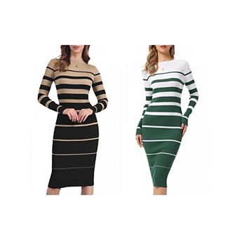 2 Packs Women's Striped Sweater Dress Long Sleeve Stretchy Crew Neck Ribbed Knit Fall Long Dresses