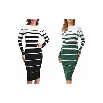 2 Packs Women's Striped Sweater Dress Long Sleeve Stretchy Crew Neck Ribbed Knit Fall Long Dresses
