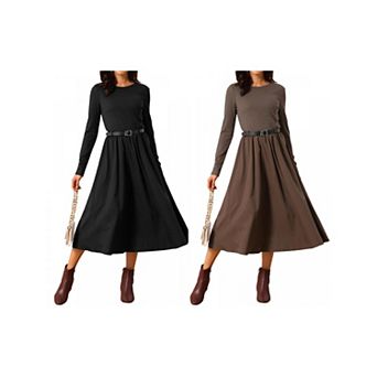 2 Packs Women's Casual Midi Dress Crewneck Long Sleeve Flowy Dresses with Belt Dating Work Outfits