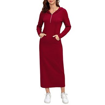 Women's Casual Long Sleeve Maxi Hoodie Dress Solid Zipper Slim Pullover Sweatshirt Dresses