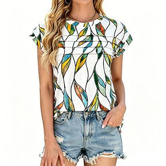 Women's Summer Round Neck Short Sleeve T-Shirt Tops Printed Stripe Blouse Tunics