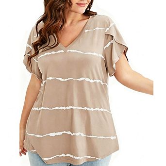 Women's Plus Size Striped Ruffle Sleeve V-Neck Tops Casual Sweet Short Sleeve T-Shirt Blouse Tunics