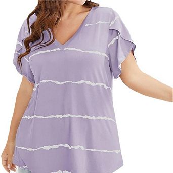 Women's Plus Size Striped Ruffle Sleeve V-Neck Tops Casual Sweet Short Sleeve T-Shirt Blouse Tunics