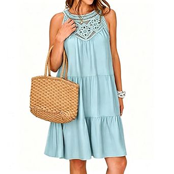 Women's Halter Neck Mini Dress Casual Sleeveless Hollow Out A-Line Summer Dress