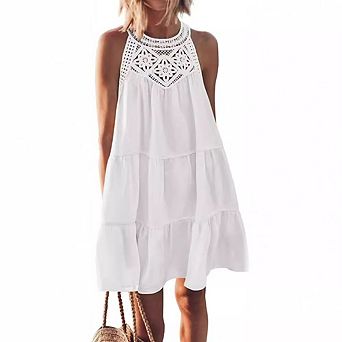 Women's Halter Neck Mini Dress Casual Sleeveless Hollow Out A-Line Summer Dress