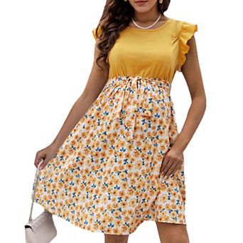 Women's Round Neck Short Sleeve Floral Patchwork Maternity Nursing Dress with Side Zipper