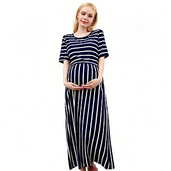 Women's Fashion Maternity Dress for Baby Shower Round Neck Stripes Short Sleeve Nursing Dresses