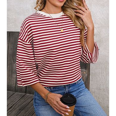 Women's Striped 3/4 Sleeve Open Back Tie Bow Casual Top