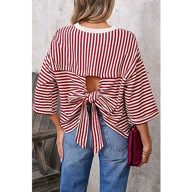 Women's Striped 3/4 Sleeve Open Back Tie Bow Casual Top
