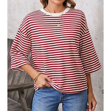 Women's Striped 3/4 Sleeve Open Back Tie Bow Casual Top