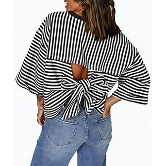 Women's Striped 3/4 Sleeve Open Back Tie Bow Casual Top