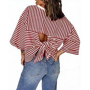 Women's Striped 3/4 Sleeve Open Back Tie Bow Casual Top