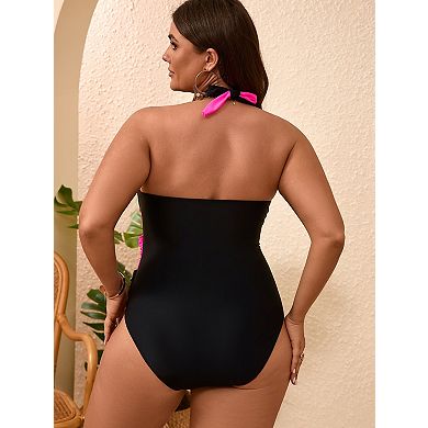 Plus Size Color Block One Piece Swimsuit Wrap V-Neck Bathing Suit
