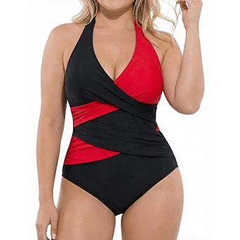 Plus Size Color Block One Piece Swimsuit Wrap V-Neck Bathing Suit