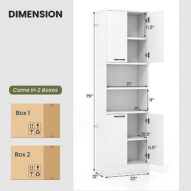 Costway 75" Tall Bathroom Storage Cabinet with 4 Doors & 2 Open Compartments Freestanding