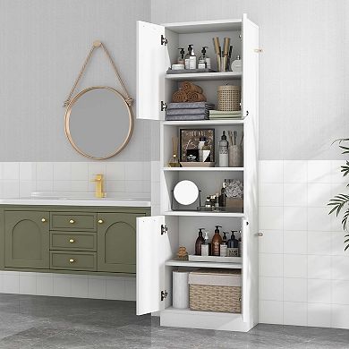 Costway 75" Tall Bathroom Storage Cabinet with 4 Doors & 2 Open Compartments Freestanding