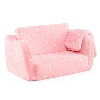 Costway 2-in-1 Kids Couch Folding Toddler Chair with Blanket Gift for 3+ Kids
