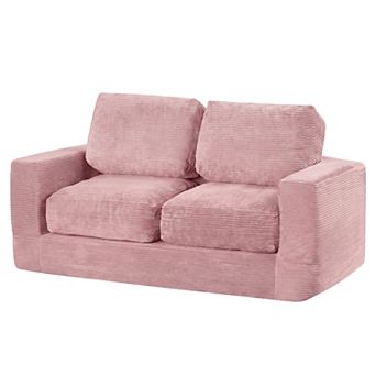 Costway Floor Couch, Loveseat Foam Sofa with Removable Corduroy Cover, Back & Seat Cushions