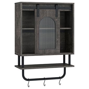 Costway Bathroom Wall Cabinet with Sliding Barn Door Metal Hanging Bar 3 Hooks for Kitchen