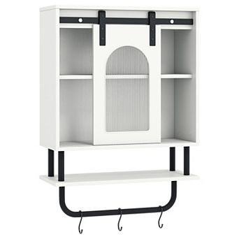Costway Bathroom Wall Cabinet with Sliding Barn Door Metal Hanging Bar 3 Hooks for Kitchen
