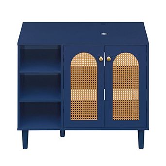 Costway 36” Under Sink Cabinet, Boho Sink Base Cabinet with Rattan Doors, Rubber Wood Legs