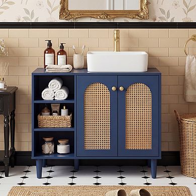 Costway 36” Under Sink Cabinet, Boho Sink Base Cabinet with Rattan Doors, Rubber Wood Legs