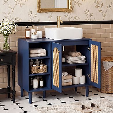 Costway 36” Under Sink Cabinet, Boho Sink Base Cabinet with Rattan Doors, Rubber Wood Legs