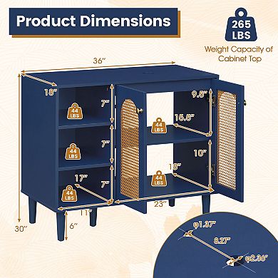 Costway 36” Under Sink Cabinet, Boho Sink Base Cabinet with Rattan Doors, Rubber Wood Legs