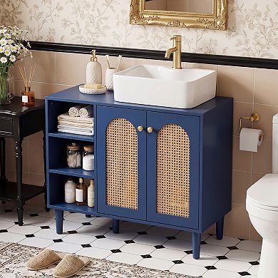 Costway 36” Under Sink Cabinet, Boho Sink Base Cabinet with Rattan Doors, Rubber Wood Legs