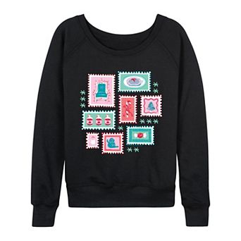 Women's Elf Holiday Stamp Collage French Terry Long Sleeve Tee