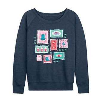 Women's Elf Holiday Stamp Collage French Terry Long Sleeve Tee