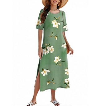 Zeagoo Women's A Line Crewneck Split Maxi Sundress Tropical Bohemian Beach Dress with Pockets