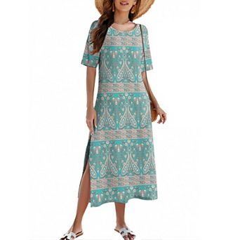 Zeagoo Women's A Line Crewneck Split Maxi Sundress Tropical Bohemian Beach Dress with Pockets