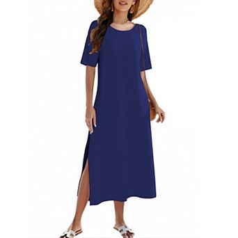 Zeagoo Women's A Line Crewneck Split Maxi Sundress Tropical Bohemian Beach Dress with Pockets
