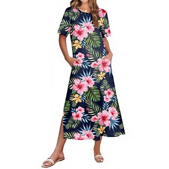 Zeagoo Women's A Line Crewneck Split Maxi Sundress Tropical Bohemian Beach Dress with Pockets