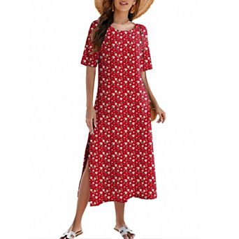 Zeagoo Women's A Line Crewneck Split Maxi Sundress Tropical Bohemian Beach Dress with Pockets