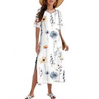 Zeagoo Women's A Line Crewneck Split Maxi Sundress Tropical Bohemian Beach Dress with Pockets