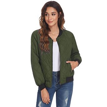 Zeagoo Women Raglan Quilted Bomber Jacket Warm Long Sleeve Zipper Coat Solid Color Winter Coat