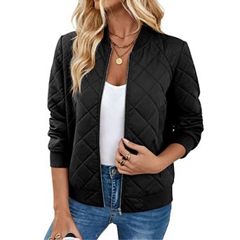 Zeagoo Women Raglan Quilted Bomber Jacket Warm Long Sleeve Zipper Coat Solid Color Winter Coat