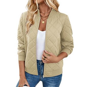Zeagoo Women Raglan Quilted Bomber Jacket Warm Long Sleeve Zipper Coat Solid Color Winter Coat